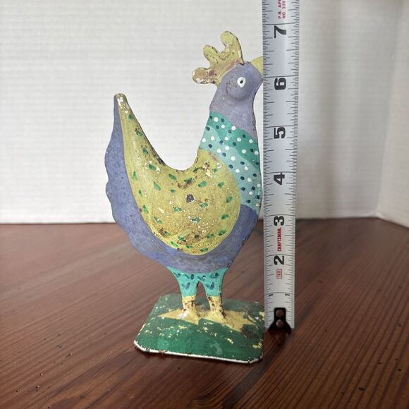 Primitive Metal Chicken Folk Art Purple Yellow Green 7 Inches - Picture 9 of 11